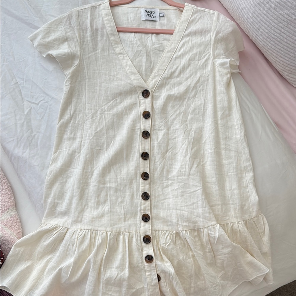 Princess Polly Cream V-Neck Dress with Buttons